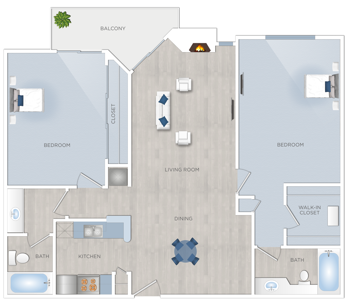 Floor plan for 2 beds, 2 baths, 1110 sqft